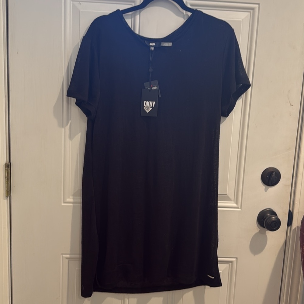DKNY NWT Thin Lightweight Side Slit T-Shirt Swim Cover Up Tunic Dress Black L